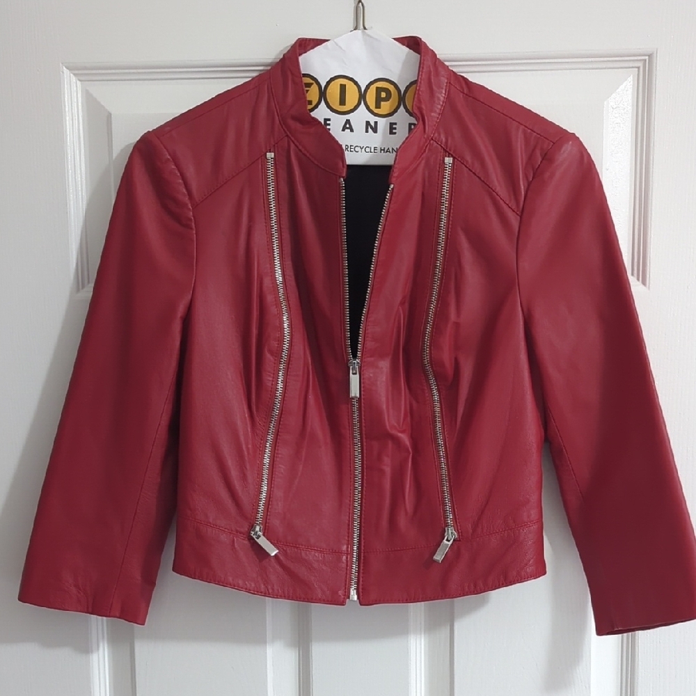 Bebe Red Real Leather Cropped Jacket